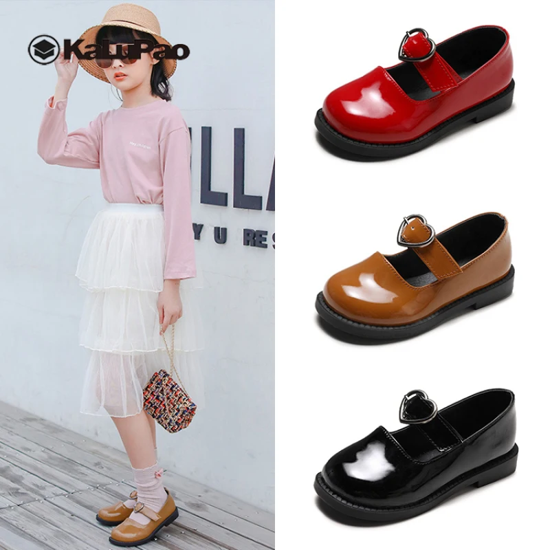 

2019 Autumn Girls Shoes Fashion Love Buckle Princess Little Girls Lleather Shoes Low-heeled Rubber Dancing Shoes Kids Red Black