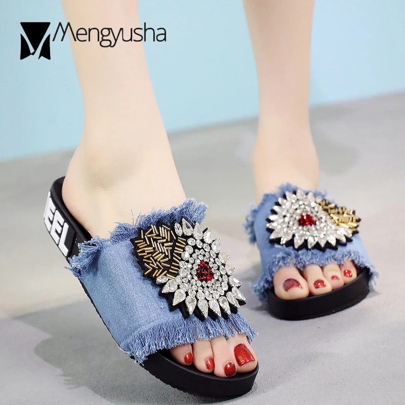 

2019 Newest handmade crystal outside slides woman size 35-41 summer flat sandals ladies denim tassel flipflops mujer cozy shoes