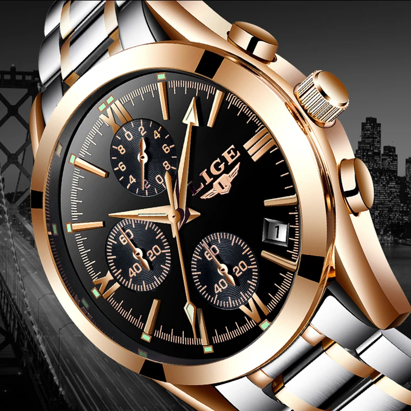 LIGE Mens Watches Top Brand Luxury Business Quartz Watch Men Stainless Steel Casual Waterproof Sport Watch Man Relogio Masculino
