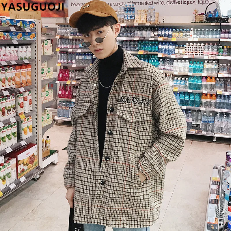 YASUGUOJI 2018 new autumn fashion plaid woolen coat men