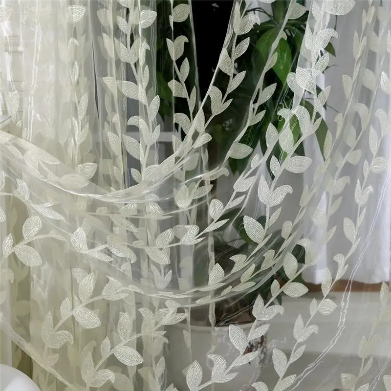 

Voile Willow Leaves Pattern Tulle Window Curtain Fabric Drapes Scarf Sheer Panel Valances Blinds for Living Room