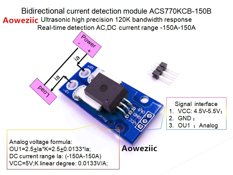 

Bidirectional Current Sensor module ACS770KCB-150B 120 kHz Bandwidth AC, DC: -150-150A 0.0133V/1A