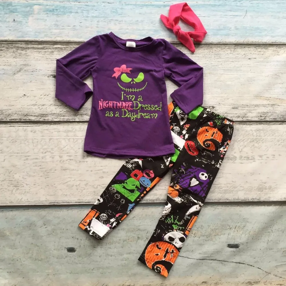 

fall/winter boutique Christmas Eve hightmare dressed cotton clothes kids print outfits baby girls purple match accessories bow