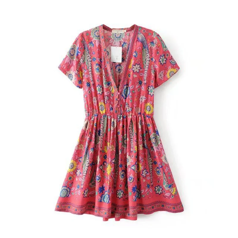 red,pink Birds Floral Print Short Sleeve Mini Dress 
