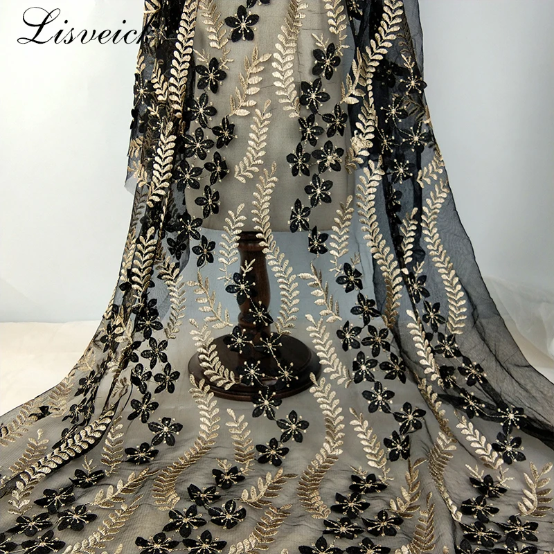 

quality 1yard black Gold silk 3D flower Embroidery Lace Fabric transparent net yarn French lace DIY Clothing skirt gauze fabric