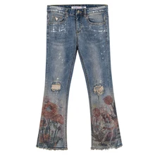 Летние весенние женские рваные цветочные узоры окрашенные стрейч расклешенные джинсы, женский по щиколотку потертые джинсовые брюки