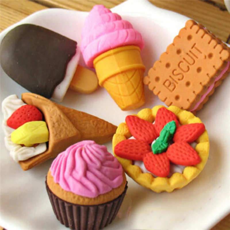 

4Pcs/Lot Random Rubber Eraser Stationery New Cake Ice Cream Biscuit Shaped Eraser Creative Cute School Supplies For Kids