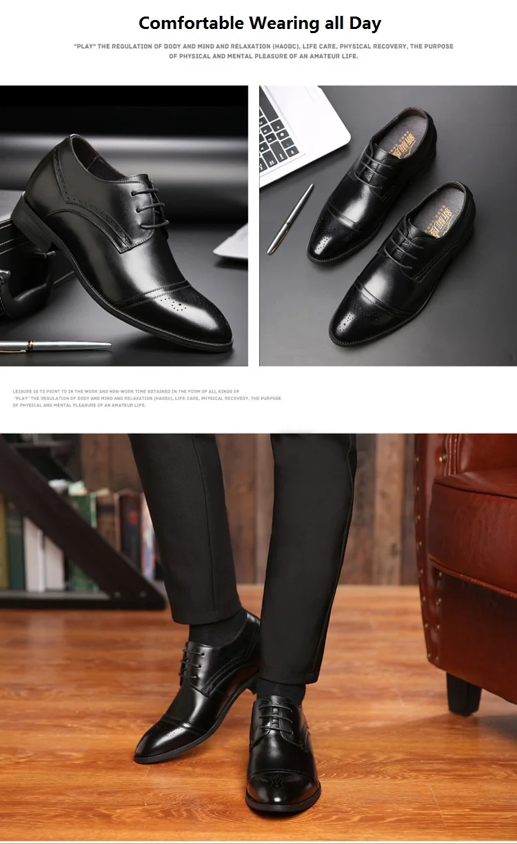 Высококачественная Мужская модельная обувь с перфорацией типа «броги» со скрытой подъемная стелька, увеличивающая рост обувь на 6 см для свадьбы