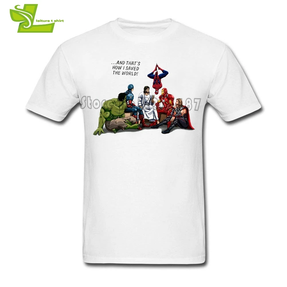

Captain America spiderman Batman superman the flash and that is how i saved the world jesus T shirt Men's Round Neck Club Tees