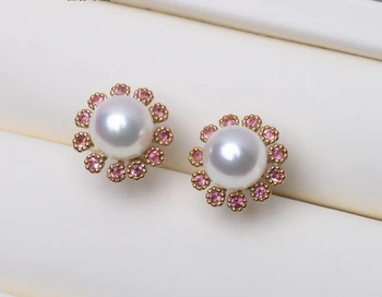 

18K gold inlaid luxury tourmaline Japan Akoya sea pearl earrings Genuine White