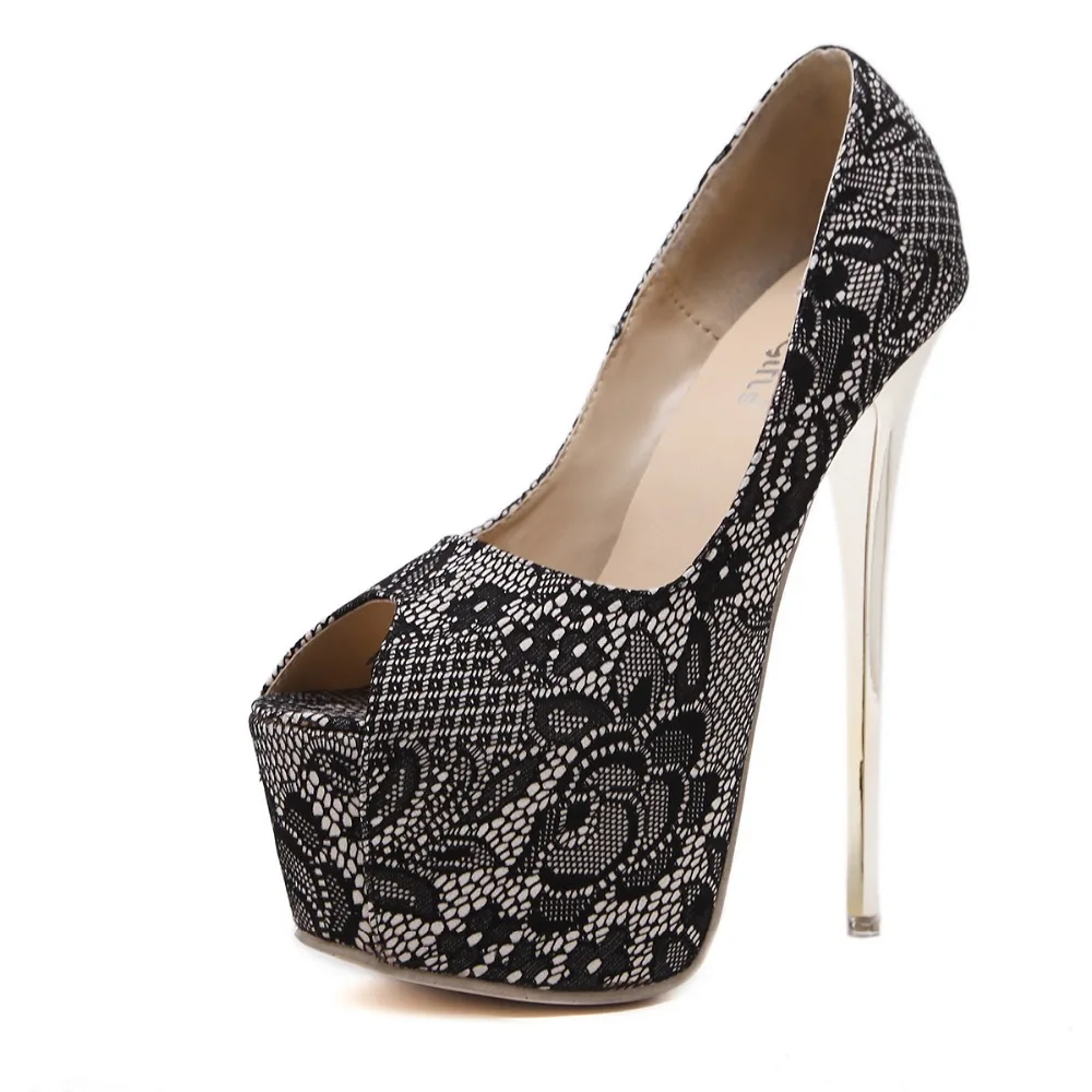 2017 Весна Peep Toe Женщины Высокие Каблуки Обуви Sexy Кружева Платформа тонкие Насосы