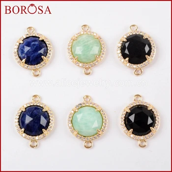 

BOROSA 15PCS New Micro Pave CZ Round Gems Multi-kind Faceted Stones Druzy Amazonite Gold Connectors Mixed for Jewelry WX972