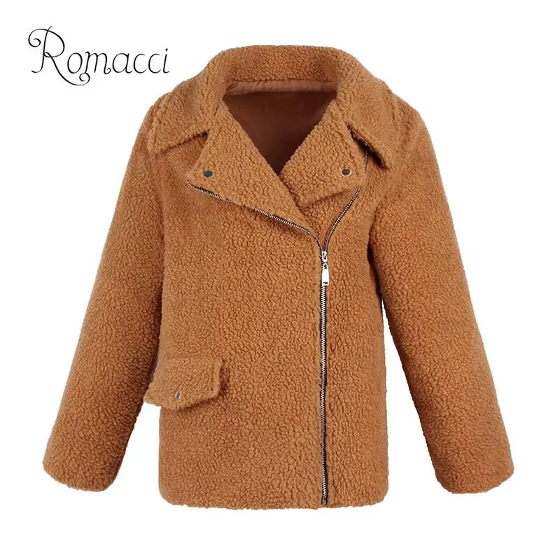 

Romacci Fashion Women Faux Lamb Wool Jacket Coat Long Sleeve Zipper Pocket Manteau Femme Hiver Outercoat Warm Teddy Jacket XXXL