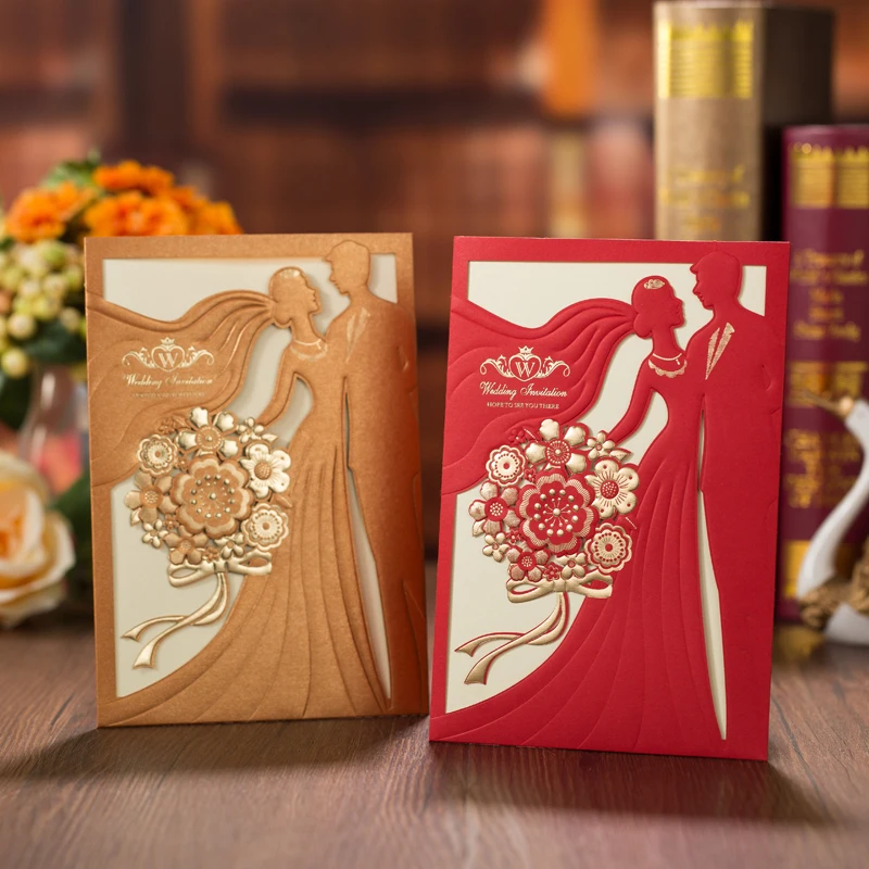 50pcs Red Gold Laser Cut Bride And Groom Wedding Invitations Card