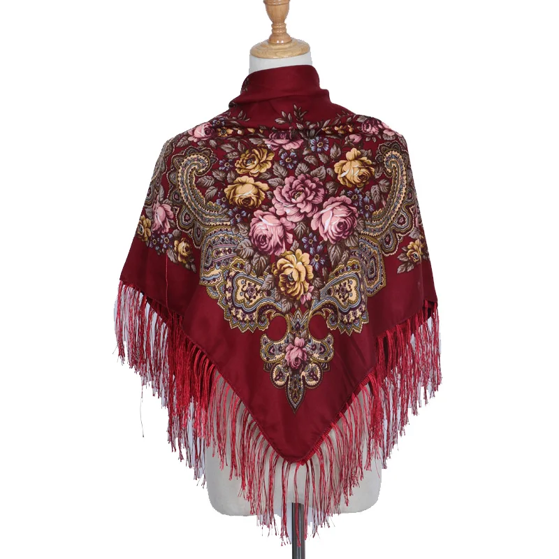 Брендовый модный шарф-шаль, длинный зимний хлопковый шарф с квадратным узором и кисточками, женский шарф с принтом, большие размеры, шали, шарфы - Цвет: red wine