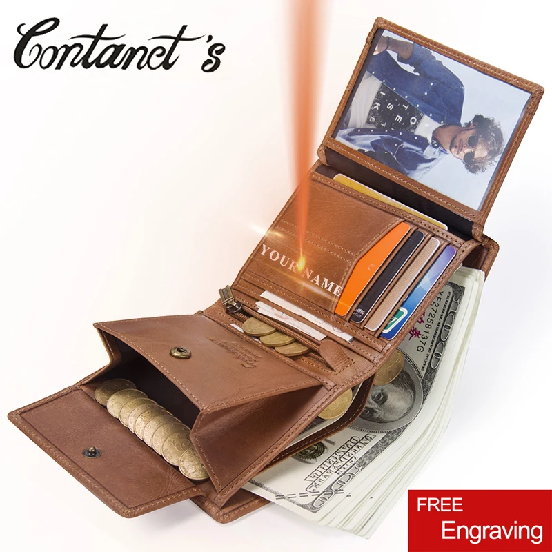 

Contact's Man Wallet Genuine Leather Trifold Men Wallets Zipper Coin Purse Short Design Multifunction Money Bag With Card Holder
