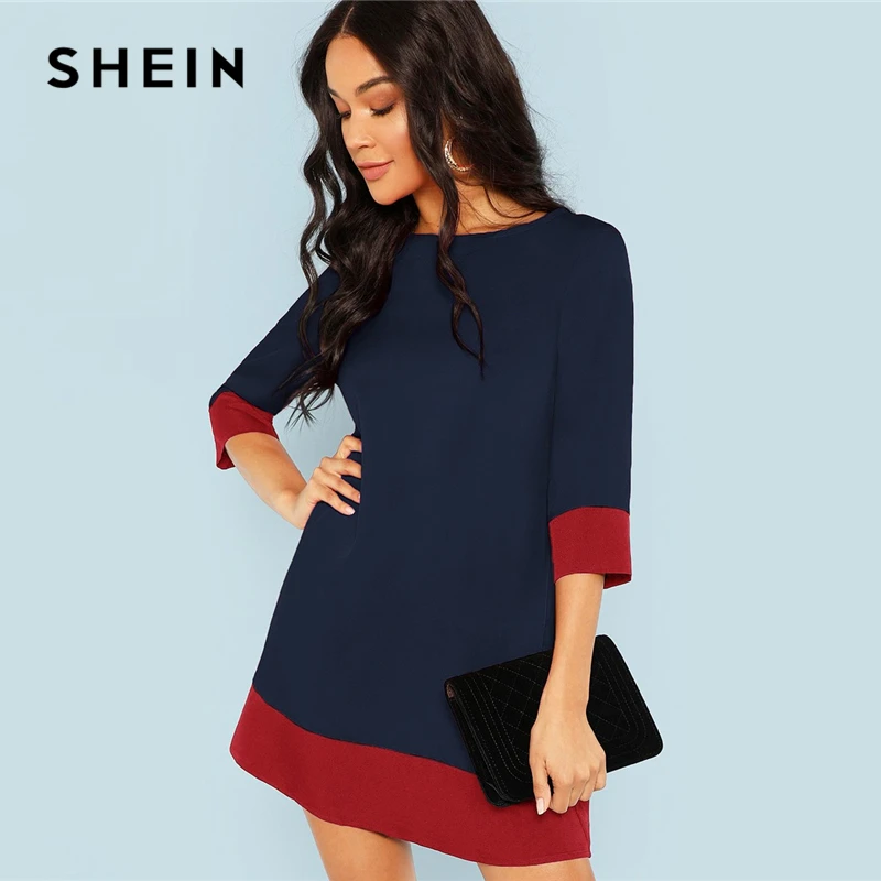 

SHEIN Navy Elegant Office Lady Colorblock Contrast Trim Tunic Round Neck 3/4 Sleeve Dress Autumn Workwear Women Dresses