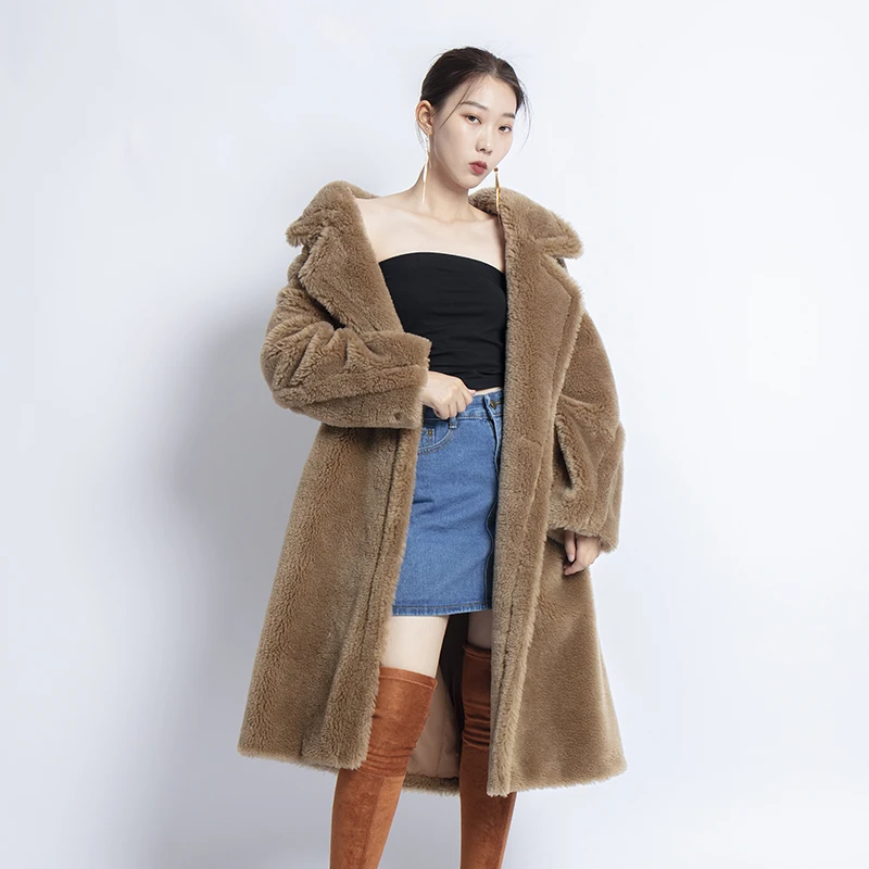 new real sheep fur coat long style camel teddy bear icon coat Oversized Parka Thick Warm Outerwear winter women coat