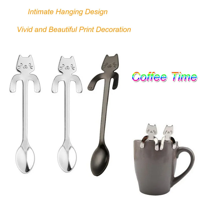 Kitchen Small Mini 304 Stainless Steel Cat Coffee Spoon Teaspoon Dessert Spoon Long Handle Tableware Rose Gold Flatwara 40JY152
