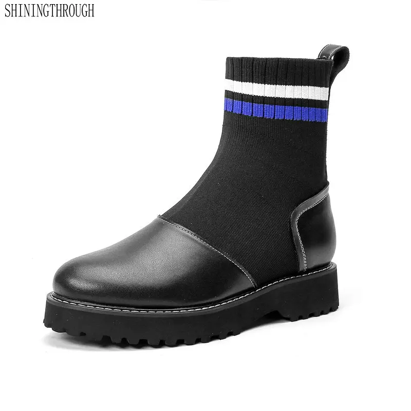 

Genuine leather Women Ankle Boots Autumn Winter Warm Platforms low heels Round Toe Casual knitting Brand Stretch Boots