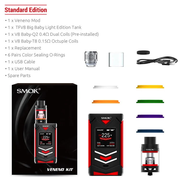 Оригинальный набор SMOK Veneno 225 Вт TC бокс мод с баком 5 мл TFV8 распылитель подсветкой