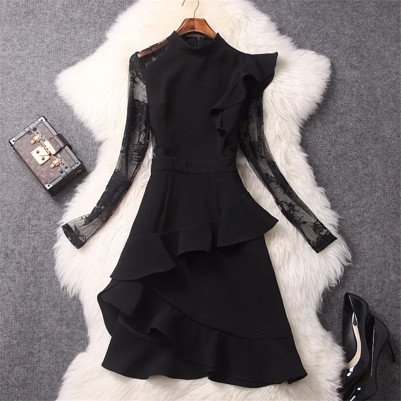 Брендовое дизайнерское женское подиумное платье весеннее модное кружевное лоскутное платье с длинным рукавом и оборками Сексуальное черное вечернее платье Vestidos