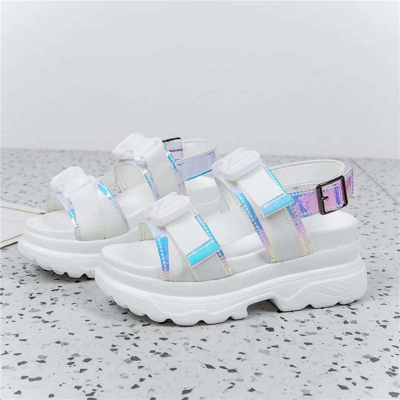 7 سنتيمتر صنادل أرضية الإناث إسفين عالية الكعب أحذية النساء هوك و حلقة جلد الصيف Zapatos موهير النساء الصنادل 2019