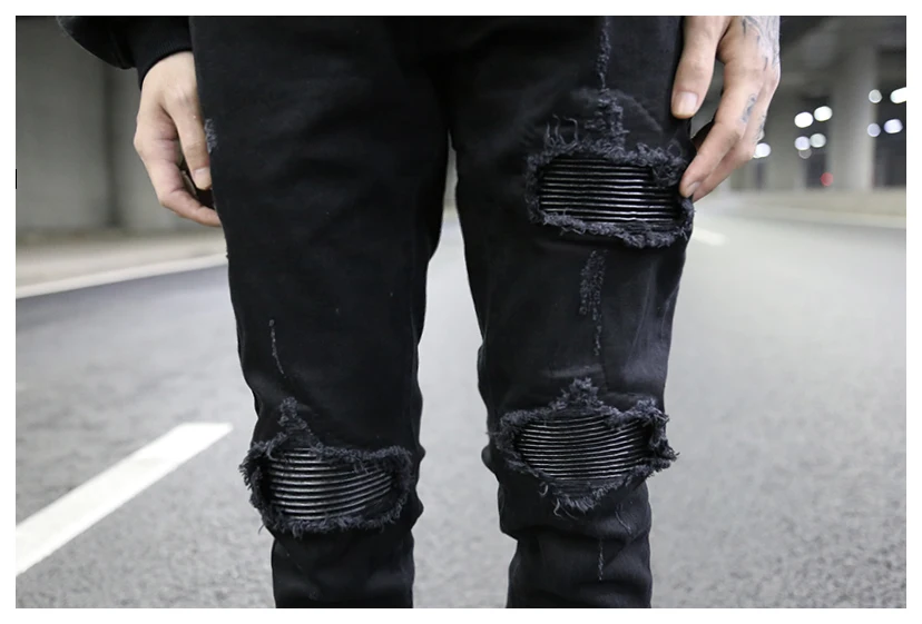Облегающие мужские джинсы из искусственной кожи с заплатками, мужская одежда, рваные джинсы в стиле хип-хоп для мужчин, уличная одежда, байкерские джинсы