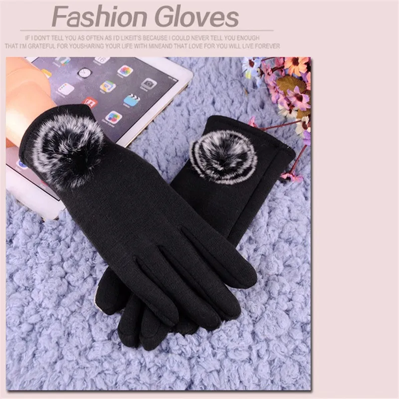 

Fashion Warm Winter Elegant Gloves Cashmere Cotton Women's Gloves Solid Fur Fluffy Pompon Thicken Handschoenen Invierno Mujer