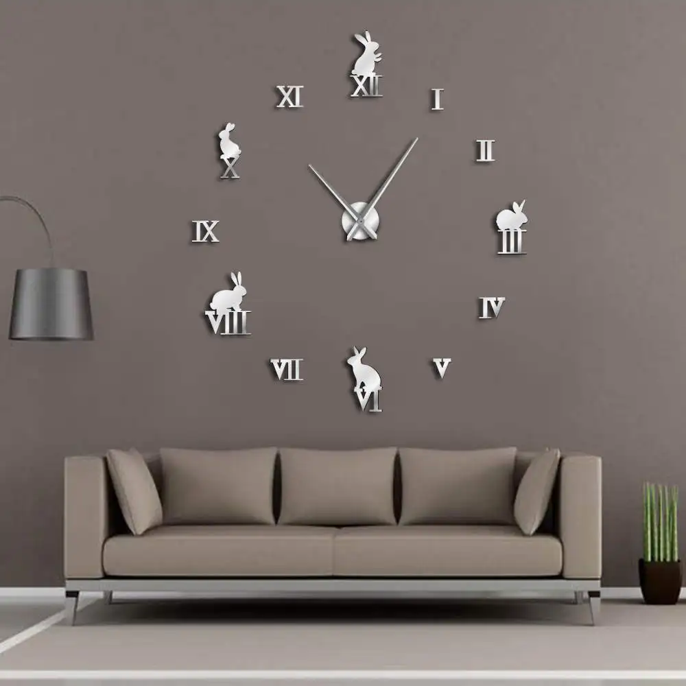 

Rabbit with Roman Numerals DIY Large Wall Clock Animals Home Decor Frameless Wall Clock Mirror Effect Bunny Children Clock Gift