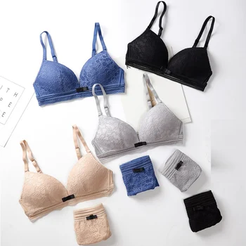 

Women Lace Bra Sets Adjustable Wireless Push Up Bras + Embroidery Panties One-Piece Lingerie Set Thin Cup B