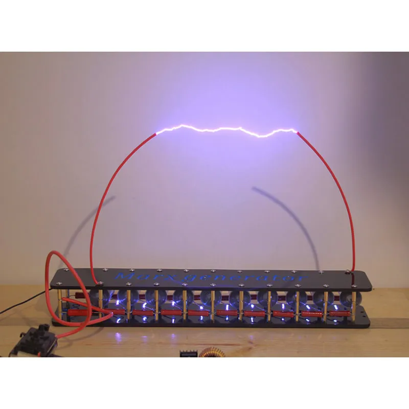 

Student's experiment of artificial lightning high voltage electric arc with assembled of Marx generator