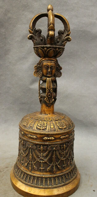 

JP S0606 14" Tibet Bronze Buddhism Dragon Manjusri Head Statue Phurpa Talismans Bell Discount 35%