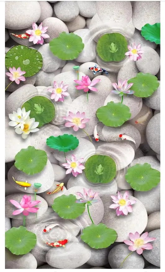 

Custom wallpaper 3d flooring wall Sticker Cobblestone clear water fish lotus pond 3D floor painting background wall home decor