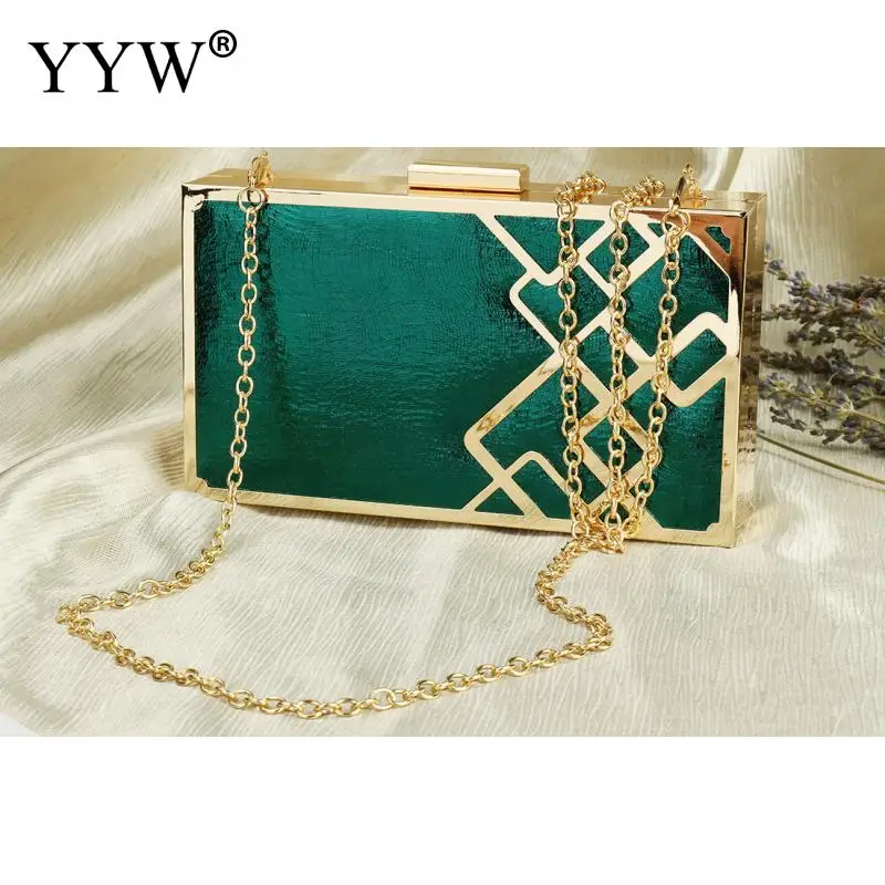 Flannelette Green Clutch Wedding Women Box Bag Gold Chain Geometric Zinc Alloy Christmas Evening Bags Female Party Clutch Gold