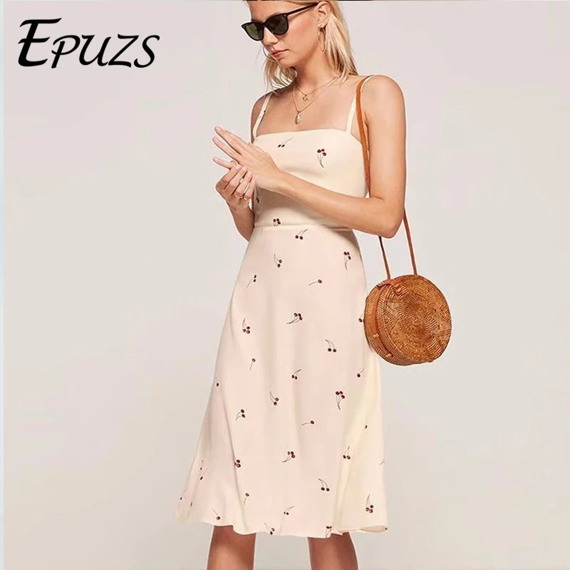 

Vintage Cherry print beach dress women summer dress 2019 korean fashion elegant spaghetti strap chiffon midi dress vestidos