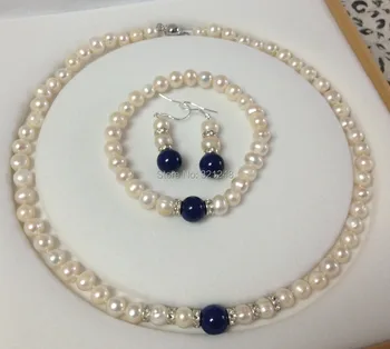 

New fashion charming free shipping 7-8MM White Akoya Cultured Pearl/Lapis Lazuli bracelets necklace jewelry BV61
