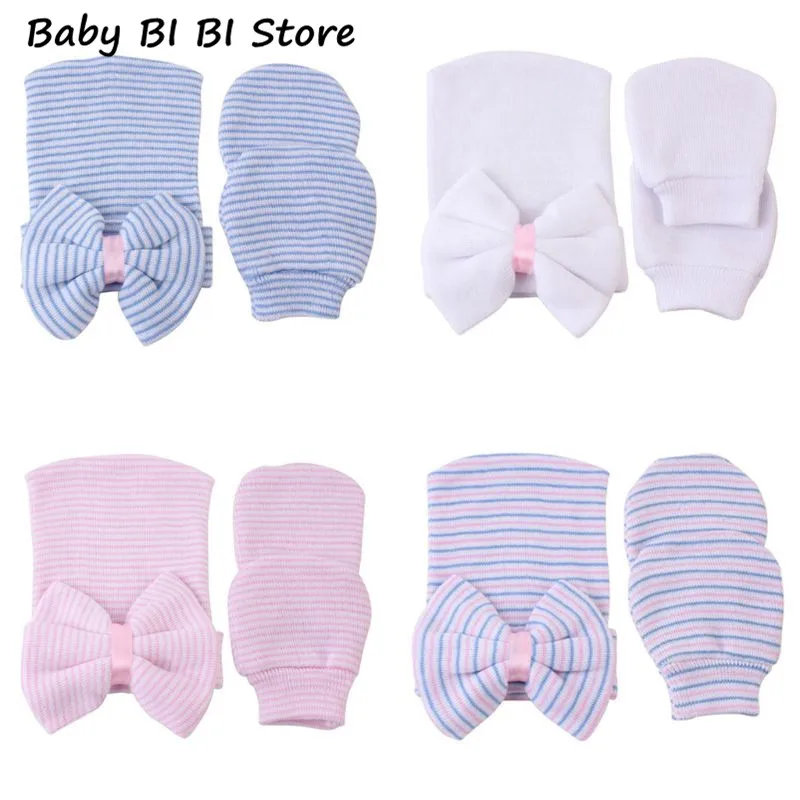 

2 Pcs/set Newborn Baby Hat Gloves Child Warm Striped Bow Cap Infants Anti-Scratch Soft Cotton Glove Hats Bathing Gifts