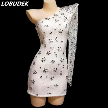 

Sexy Single Shoulder White Lace Rhinestones Dress Crystals Bag Hips Short Dress Club Bar Singer Concert Stage Outfit DS Costume