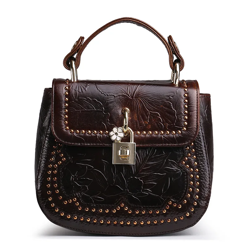 

Genuine Leather Floral Engrave Women's Handbag Saddle Crossbody Shoulder Bag Cowhide Ladies Messenger Bags Rivet Lock