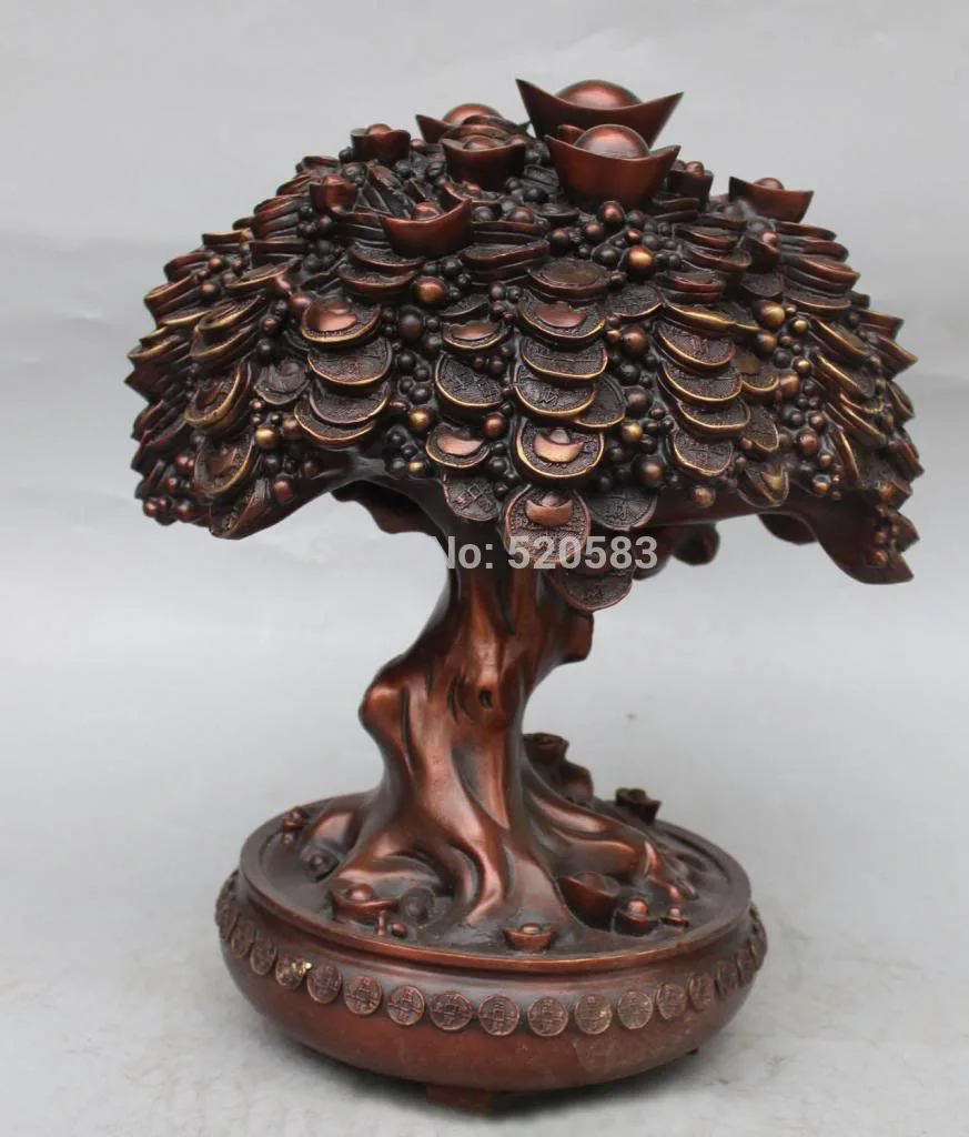 

16" Chinese Bronze Auspicious Wealth YuanBao Money treasure bowl Tree Statue