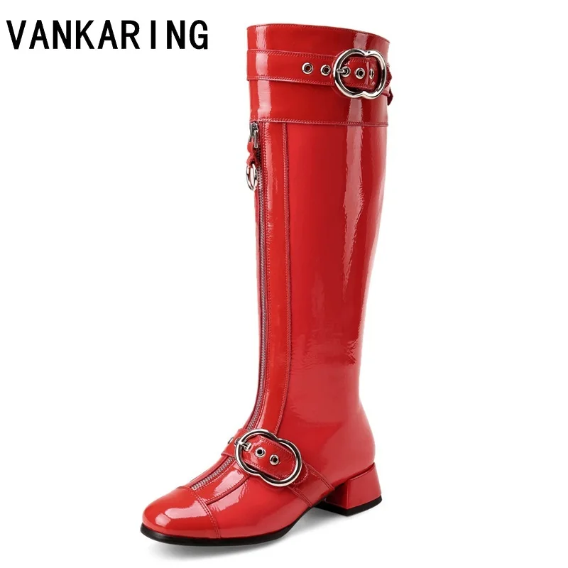 

VANKARING brand shoes woman autumn winter boots black red sexy high heels square toe women shoes patent leather knee high boots