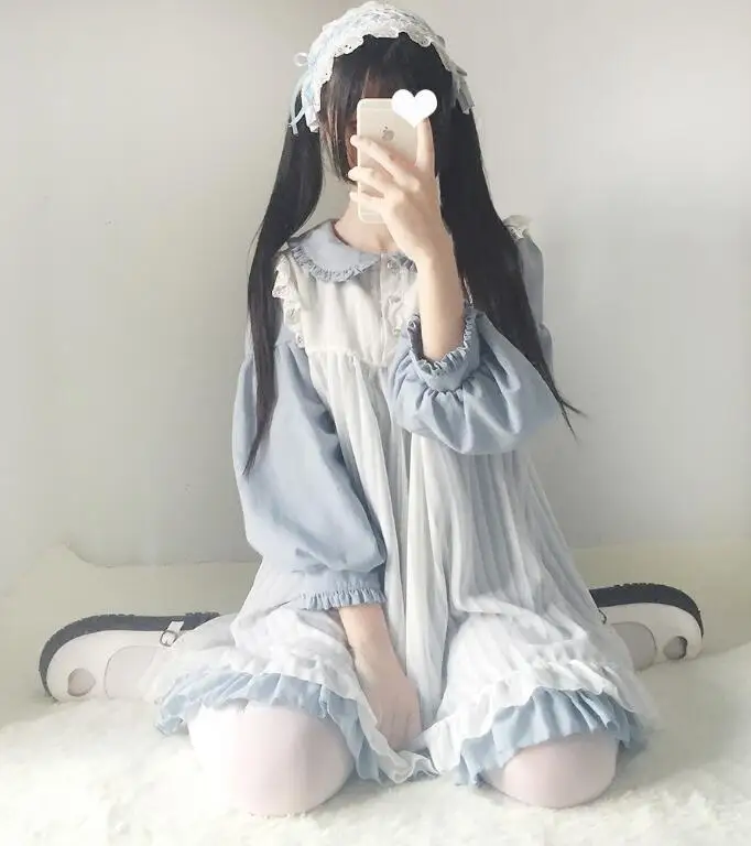 Японское мягкое короткое платье для девочек сине-белая чистая кукольная юбка