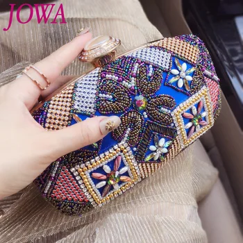 

2019 New Design Women's Vintage Evening Bags National Beading Diamond Blue Handbag Wedding Party Bride Package Night Chain Purse