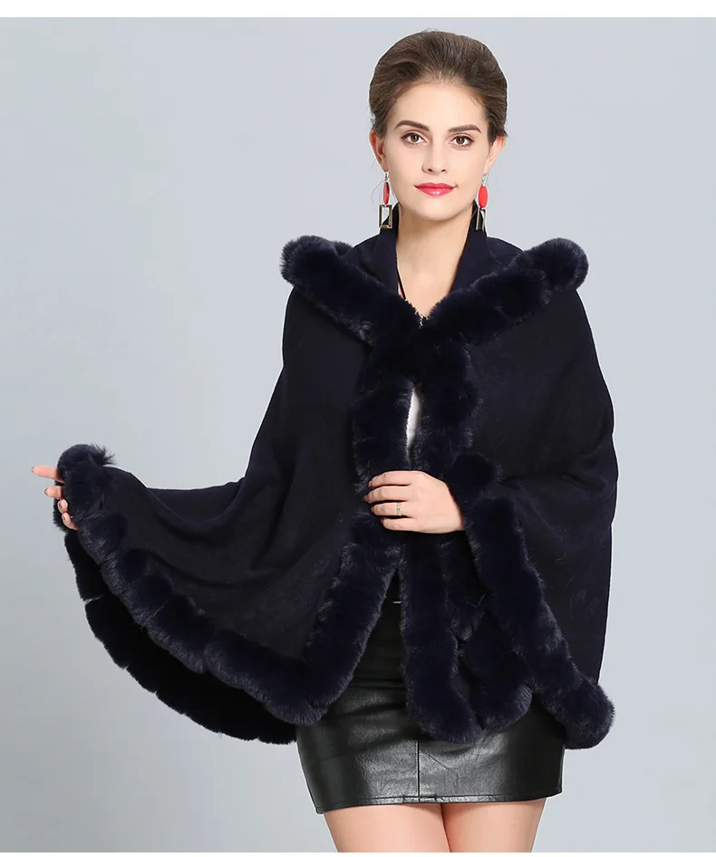 European Women Cloak Faux Fox Fur Patchwork Woolen Coats 2019 Autumn Winter Female Hooded Outerwear Wool Jackets Party Clothing black puffer coat with hood