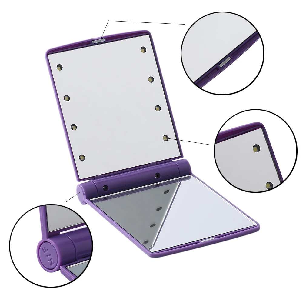 Карманное зеркало для девочек ручная для косметики складной 2 сторонний карманное зеркало с 8 стетодиодных приборов ламп Фиолетовый макияж