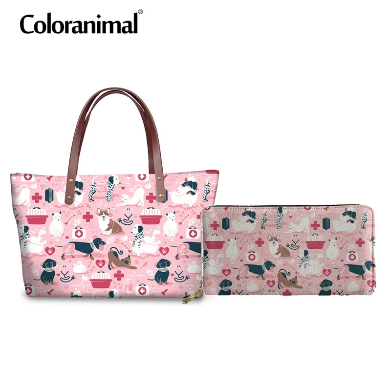 

Coloranimal Nurse Surgeon Vet Cartoon Brand Design Women Large Top-handle Bag Set Shoulder Bag Travel Durable Neoprene Handbags