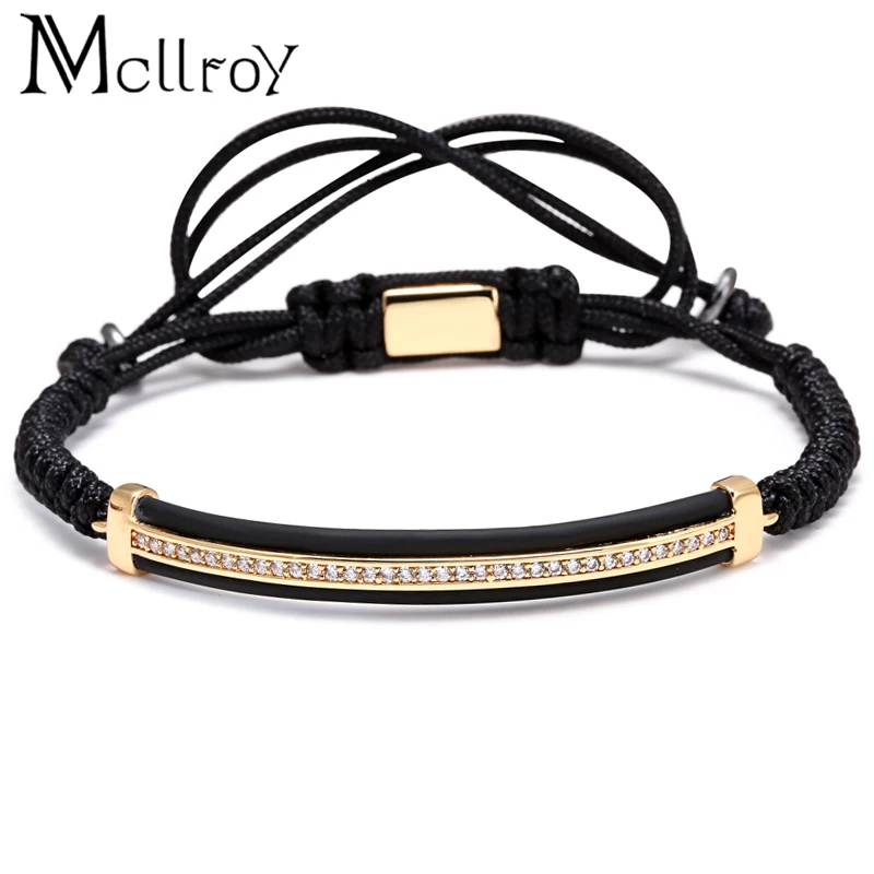 

Mcllroy Braiding Macrame Bracelet Men Micro Pave Clear CZ Beads Leather Bracelets Famous Brand Mens Bangles drop shipping