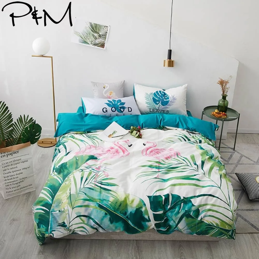 

2019 PAPA&MIMA Green Leaves Flamingo 3/4pcs Bedding Set Bedlinens Twin Queen Size Cotton Bedsheet Duvet Cover Set Pillowcases