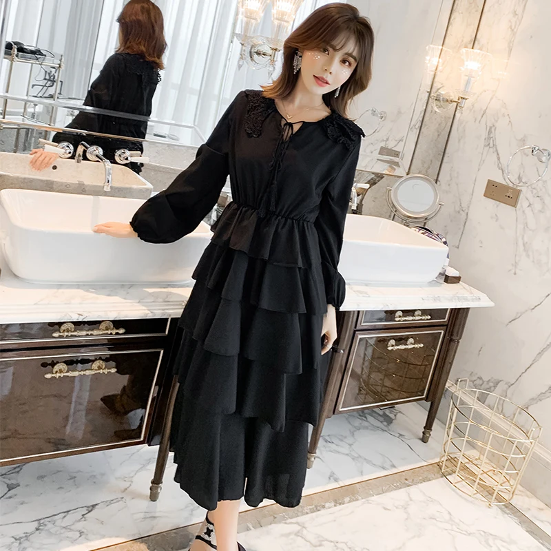 

2019 Spring New College Retro Gothic Cake Dress Literary Laptop Slim High Waist Dress V-neck Long-sleeved Party Dresses